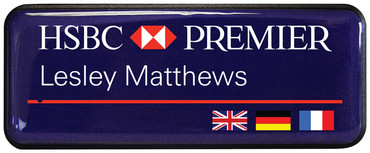 Prestige naambadges - Zwarte rand, blauw-paars gedrukte achtergrond | www.namebadgesinternational.nl
